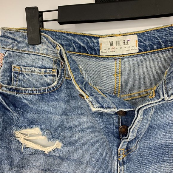 Free People Denim Shorts High Rise Blue Bermuda Distressed Tribal - Picture 6 of 12